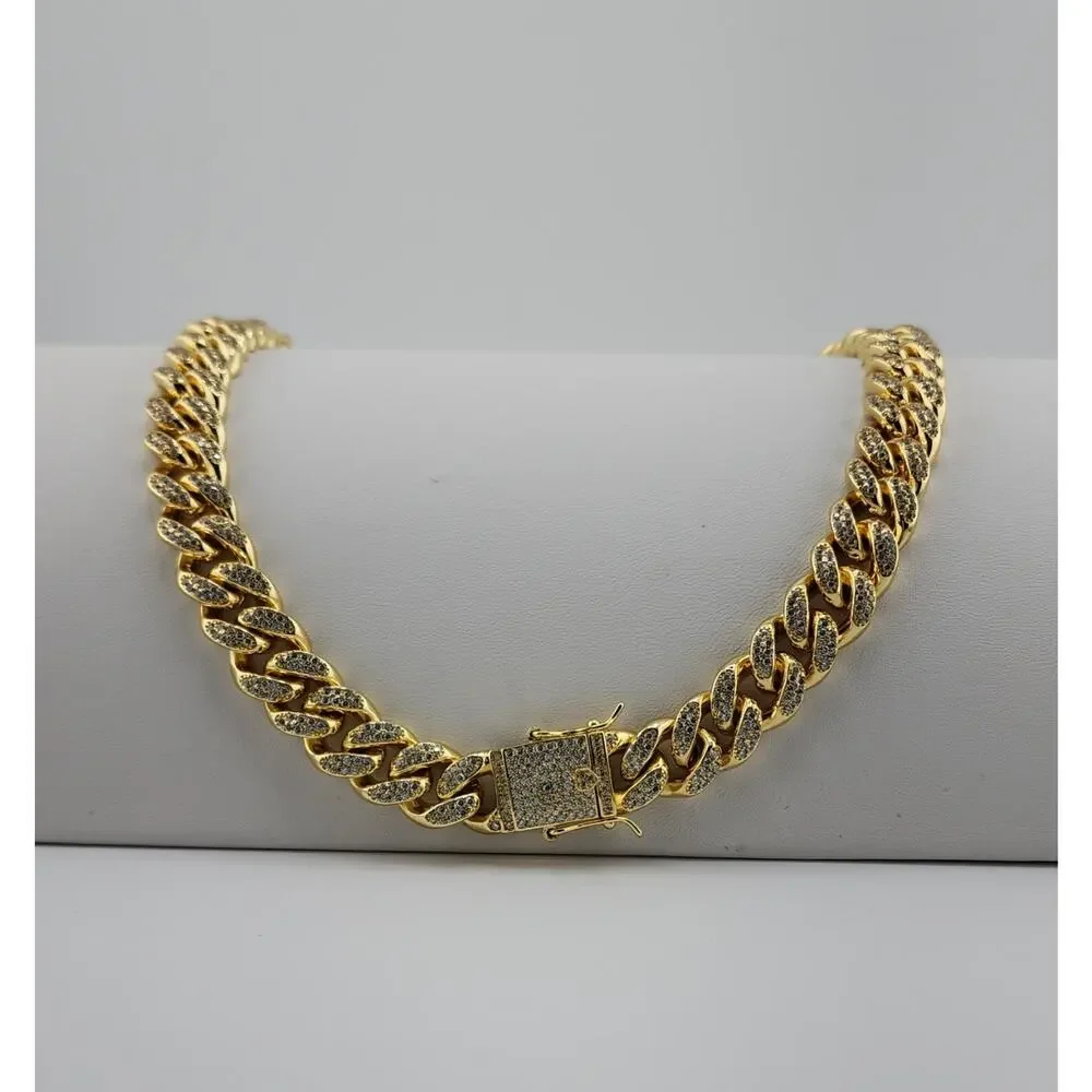 18K Gold IP Plated, Stainless Steel, CZ Cuban Curb Chain Necklace, 10MM 18" - Picture 2 of 6